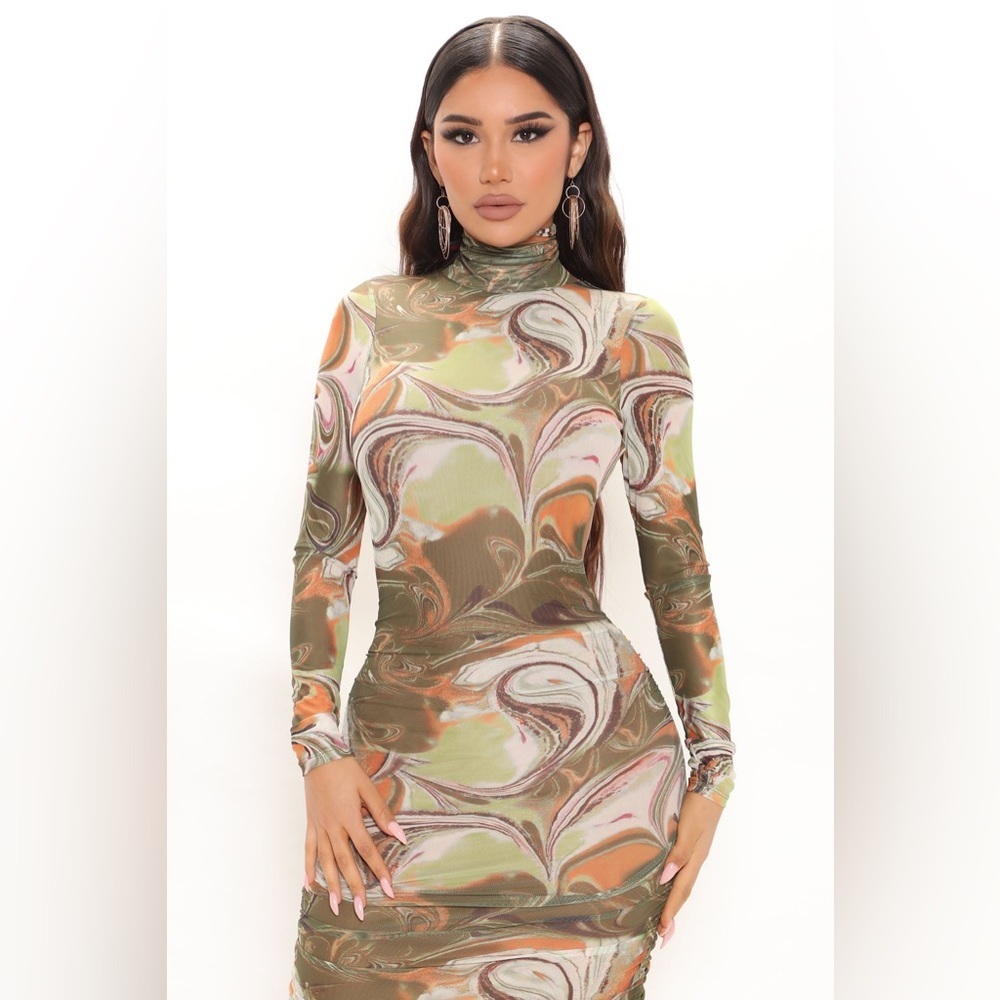 Mesh Midi Dress - Green/Combo - Picture 4 of 5